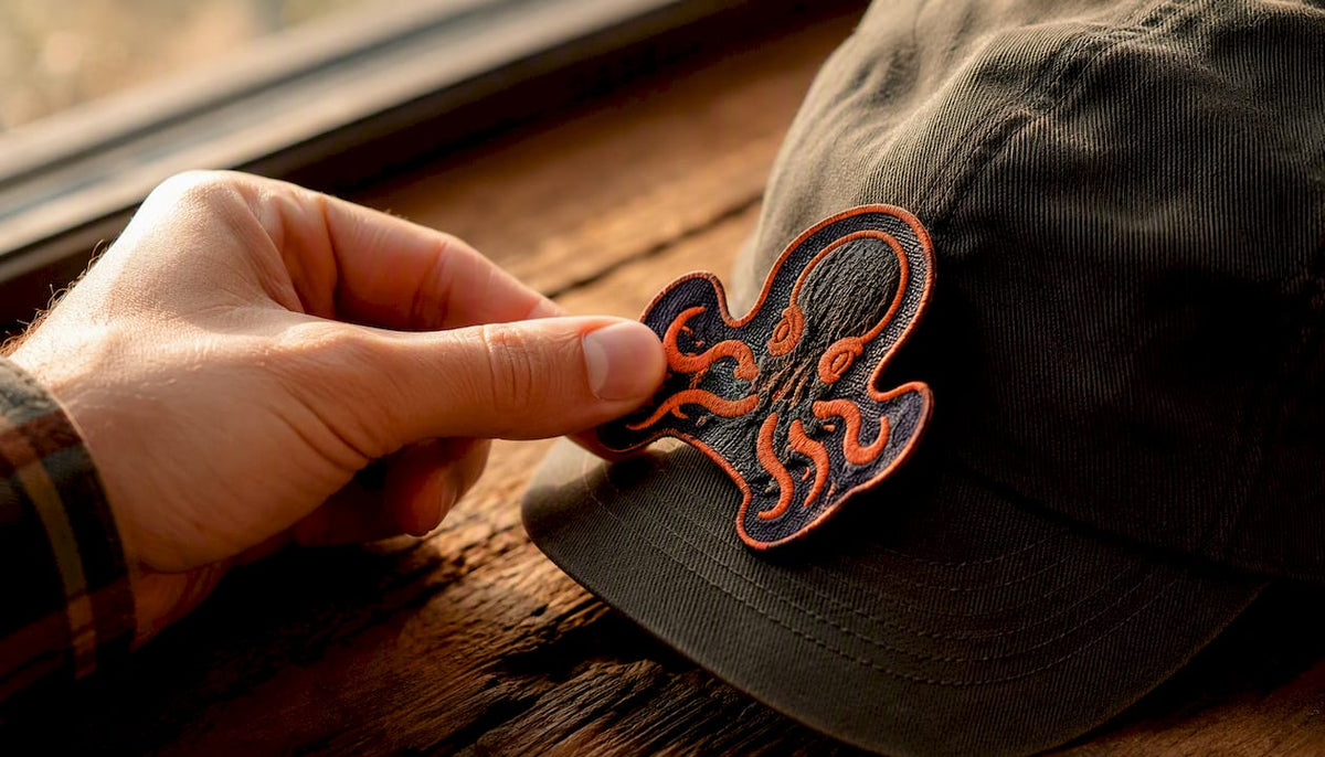 Hand holding patch size cutout on curved hat front