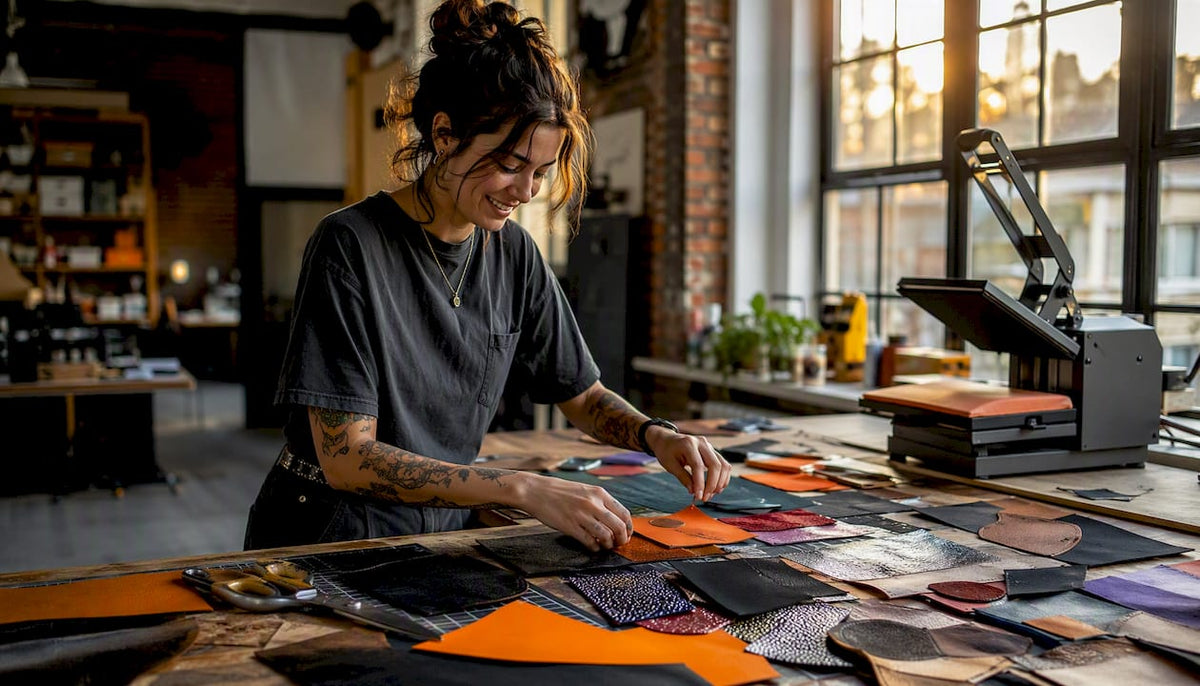Designer hands handling custom faux leather patches