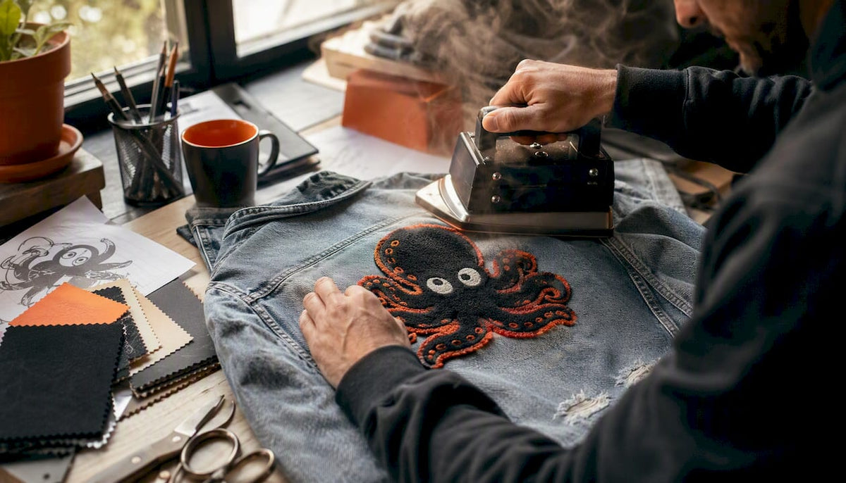 Hands applying iron-on patch with heat press