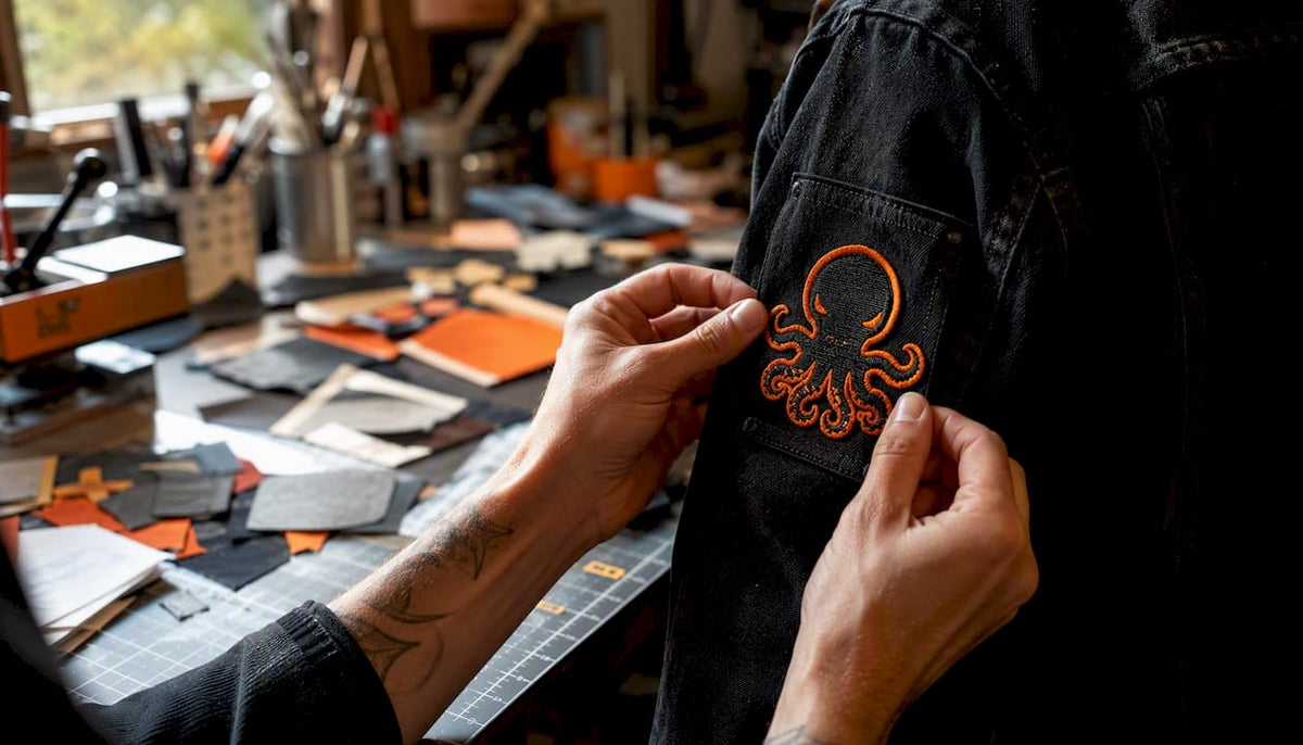 Hands applying custom heat patch to denim jacket