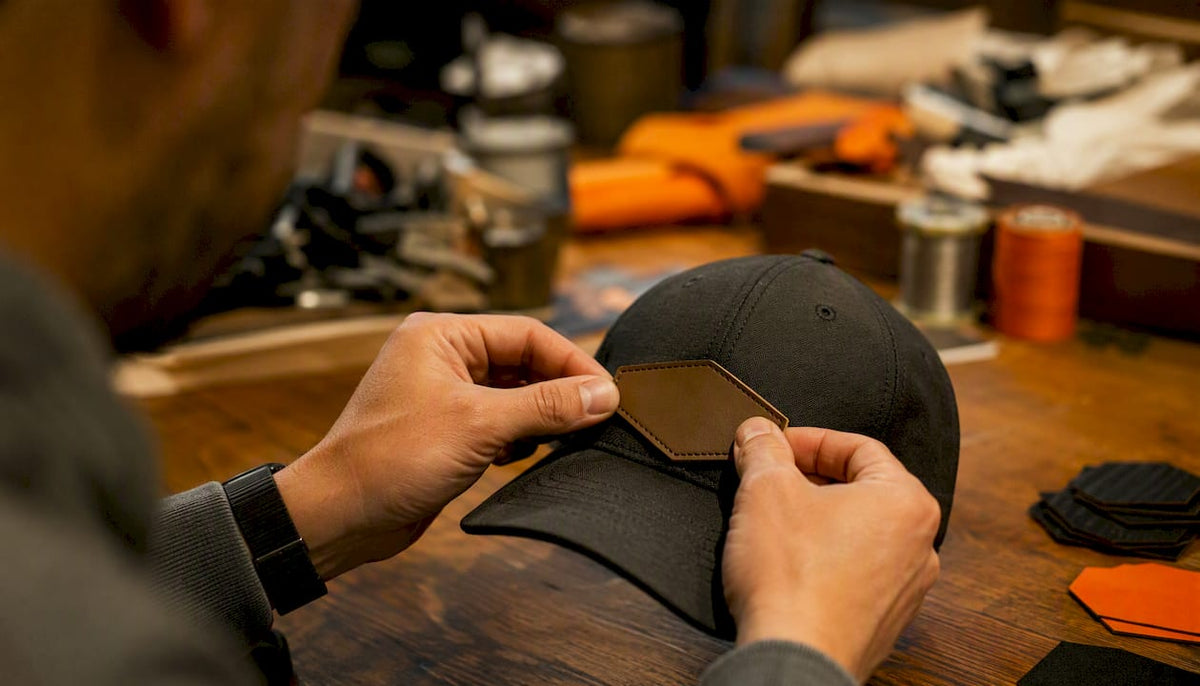 Hands placing patch on structured snapback hat